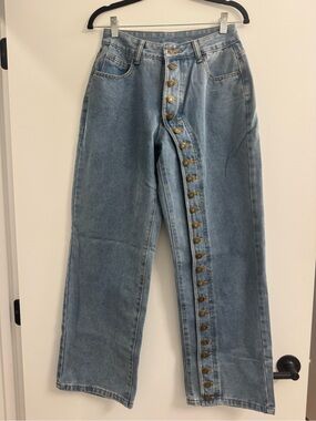 Light Blue High-Waist Button-Front Wide Leg Jeans